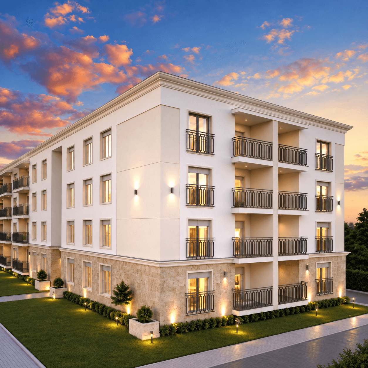 Arkitektura e RIA Residence, fasadë e ngrohtë dhe ballkone elegante në perëndim